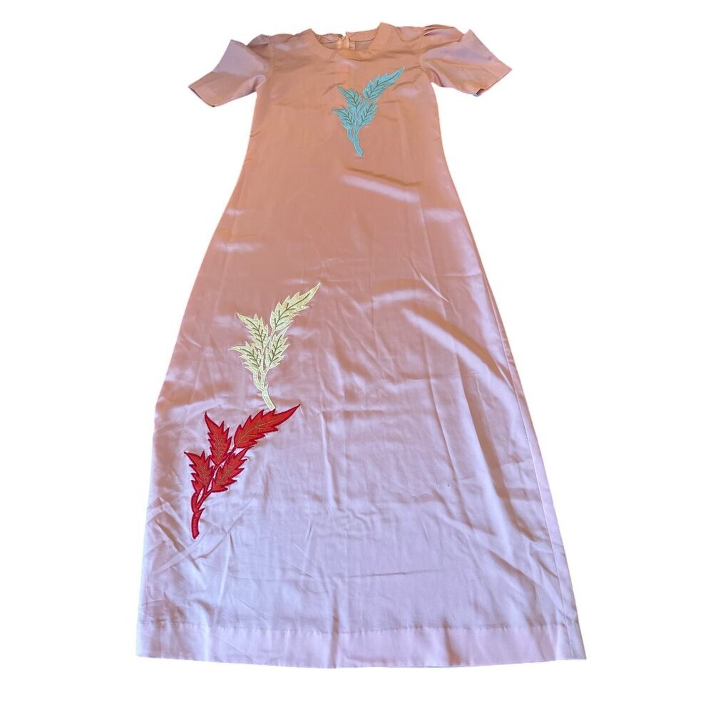 Pink Embroidered Silk Asian Midi‎ Dress  Short Sleeves & Back Zipper Small